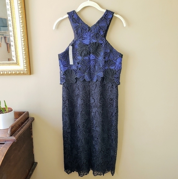Trina Turk Miranda Blue Black Guipure Lace Sheath Cocktail Dress Size 2 New - Picture 5 of 14